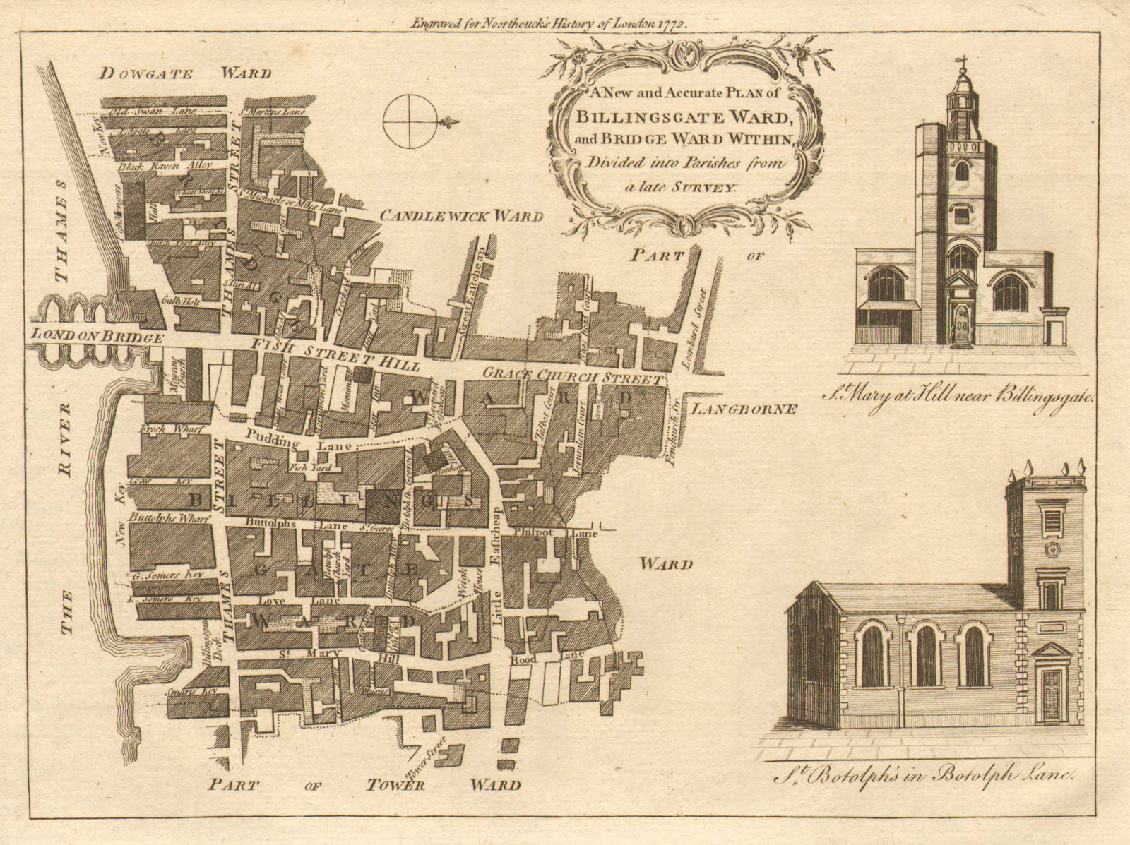 BILLINGSGATE & BRIDGE WARD WITHIN. City of London. BOWEN / NOORTHOUCK 1772 map